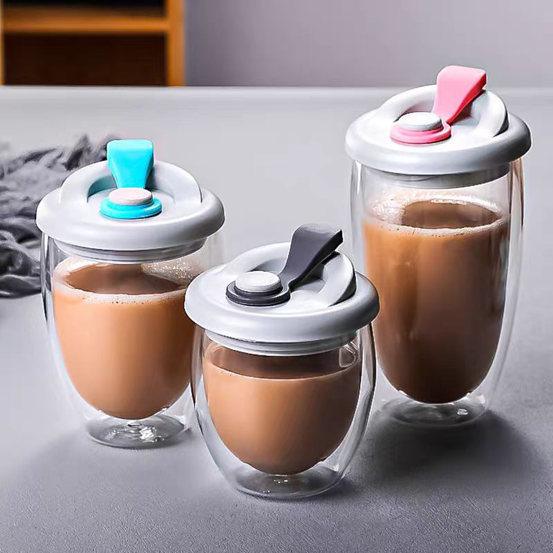 Double-layered glass cups with LIDS in stock for wholesale. Simple, high-temperature resistant, portable cups for direct drinking with LIDS and glass drinking cups Specification image