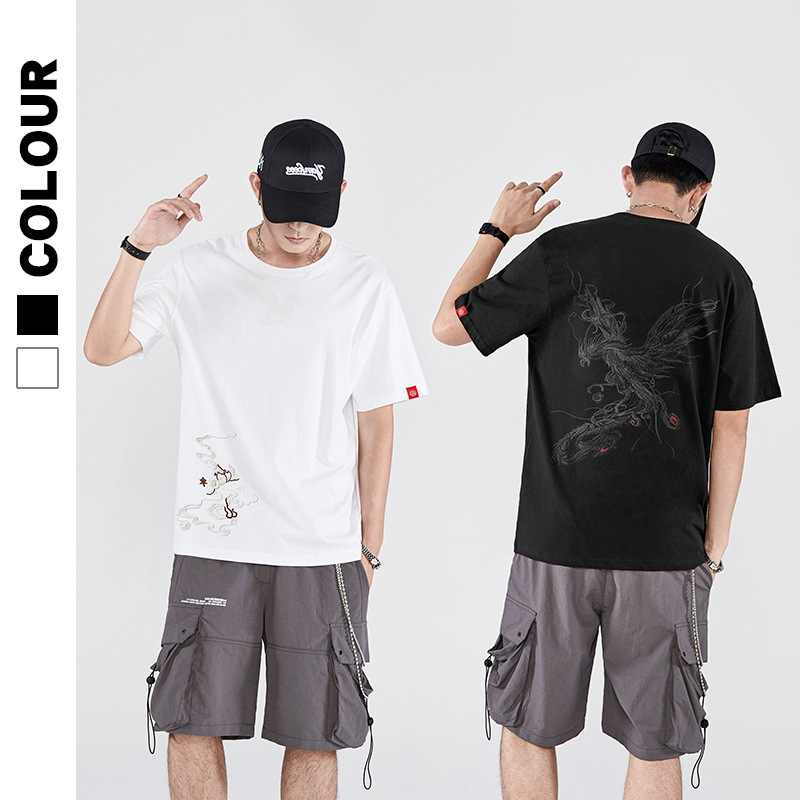 Primavera verano 2026 nuevo estilo de algodón suelto manga corta camiseta para hombres moda nacional China moda masculina phoenix bordado media manga marca de moda details Picture