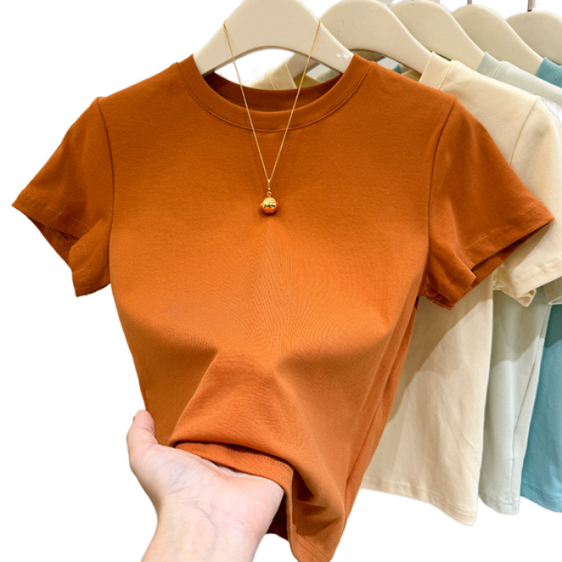 2025夏季纯色辣妹白色短袖t恤女韩版百搭修身显瘦圆领紧身打底衫白底实物图