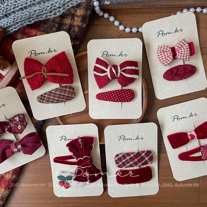 New Korean autumn and winter red sweet bow hair clip, children's handcrafted fabric side hair break-off clip for girls, Pom.kr red hair clip set, bow check polka dot autumn and winter retro sweet girl Specification image