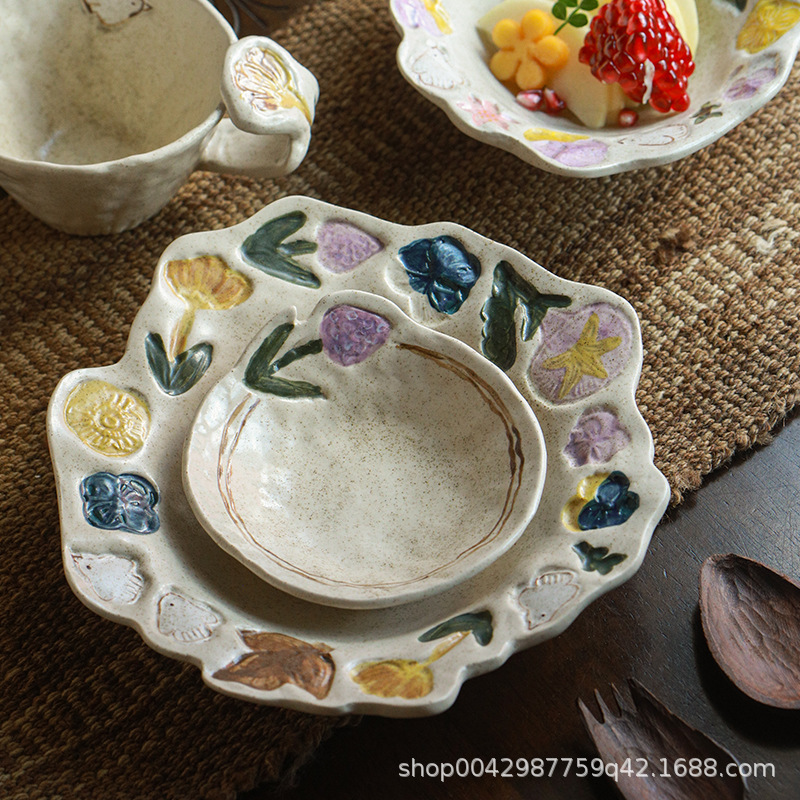 泥上花语复古陶瓷餐具果盘高颜值甜品盘家用搬家乔迁礼物釉下彩