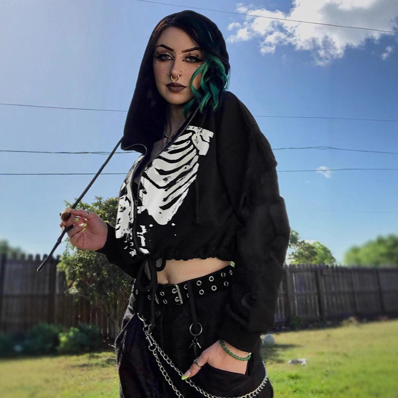 New cross-border personalized skeleton print dark long-sleeved short cardigan with a crop top for both men and women details Picture