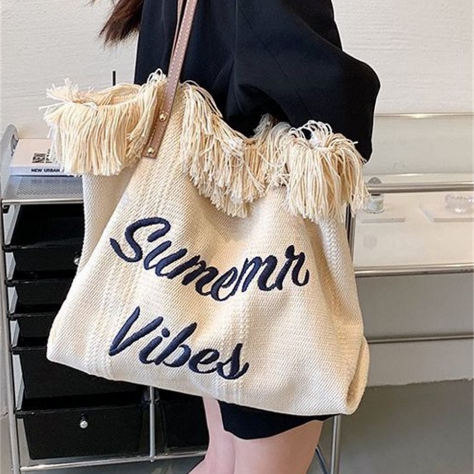Cross-border canvas bag, printed canvas bag, large-capacity canvas tote bag, women's single-shoulder bag, new beach bag, tassel embroidery women's bag, crossbody backpack, hand-held single-shoulder tote bag, canvas bag