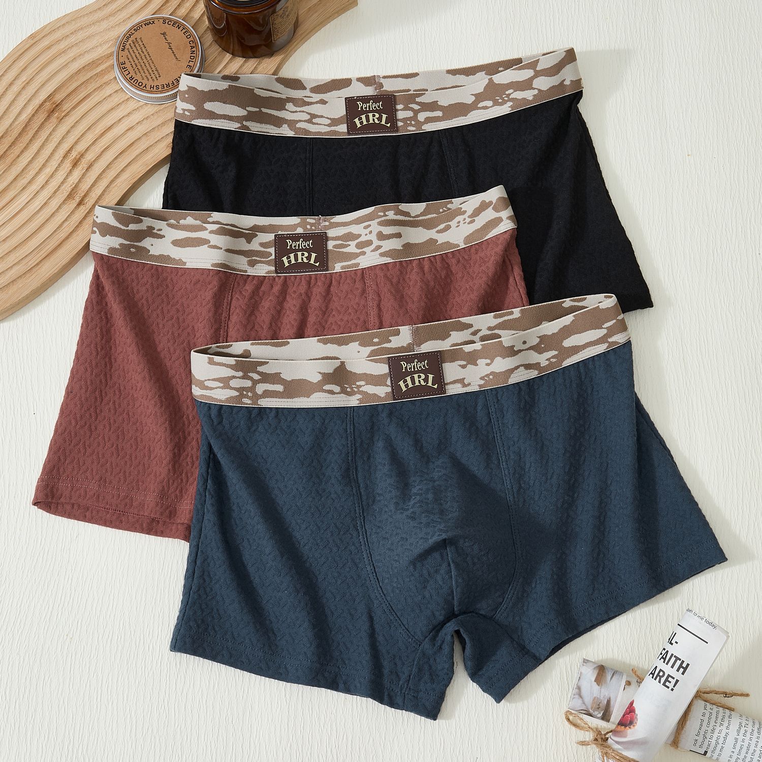 Men's underwear, cotton, personalized camouflage belt, flat Angle, breathable and fashionable, solid color, light luxury, mid-waist men's underpants