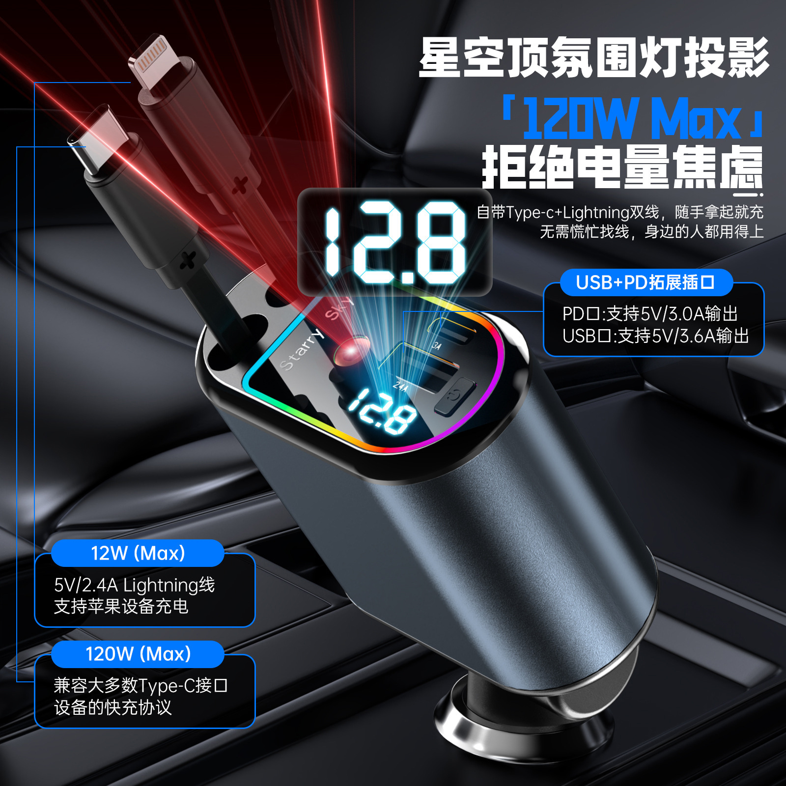 Cross-border Starry Sky, with up to one drag and four wires, 120W Super fast charging car cigarette lighter C9 car charger
