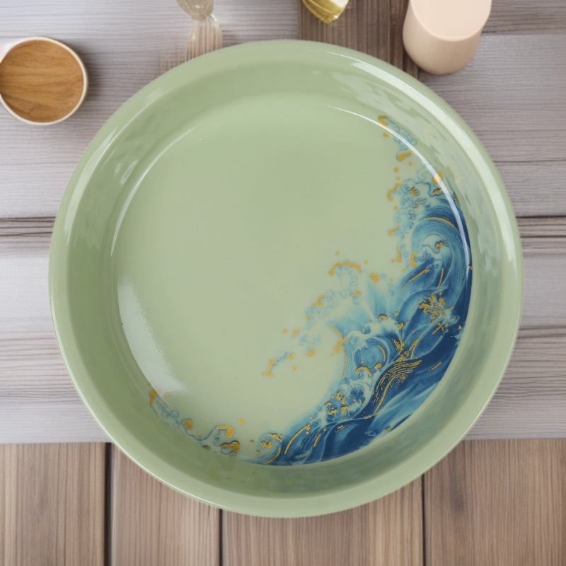 Melamine plates for foreign trade, commercial imitation porcelain round plates, durable for restaurants, fried noodles, snacks, rice bowls, plastic fast food deep plates for restaurants full figure