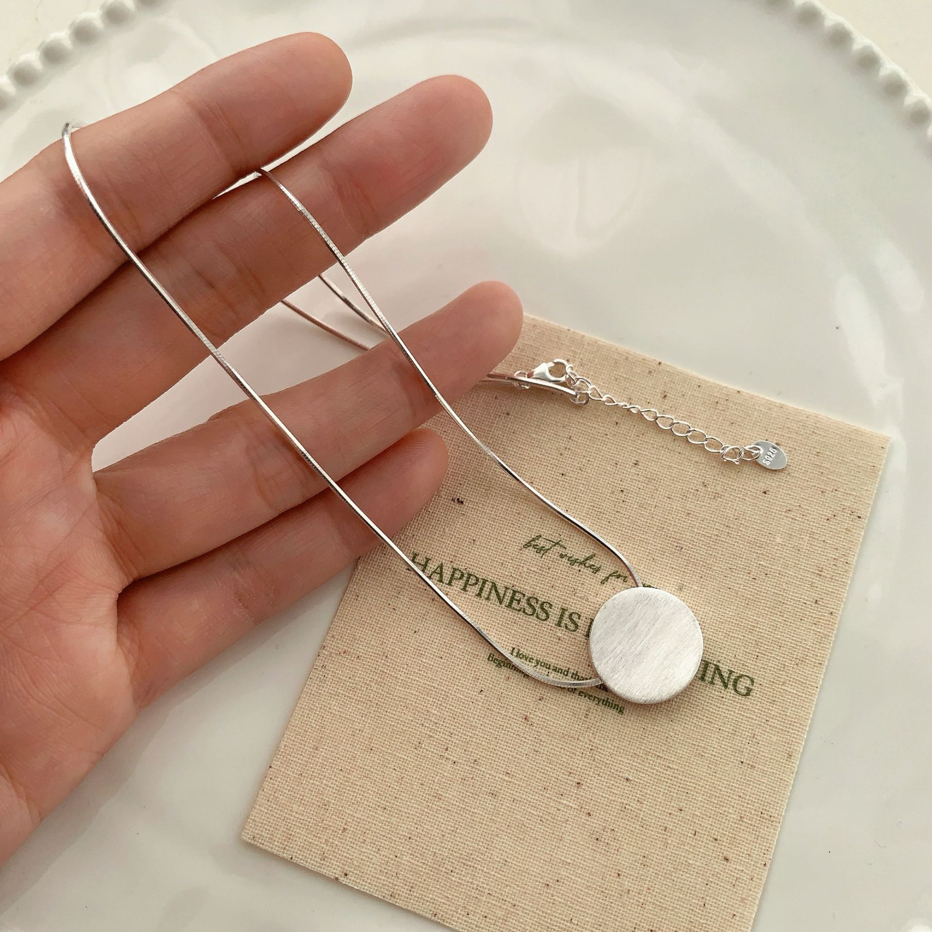 s925 sterling silver 12.6 brushed round piece necklace for women, light luxury, ins, niche design sense collarbone chain, simple and versatile, cold style details Picture