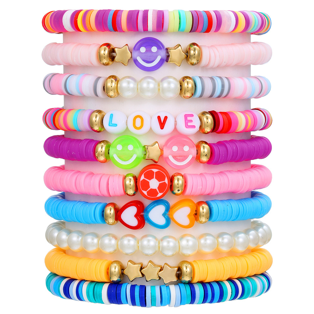 Cross-border best-selling colorful bracelets, summer beach vacation style soft clay bracelets, stacked couple letters, smiling face bracelets for women full figure