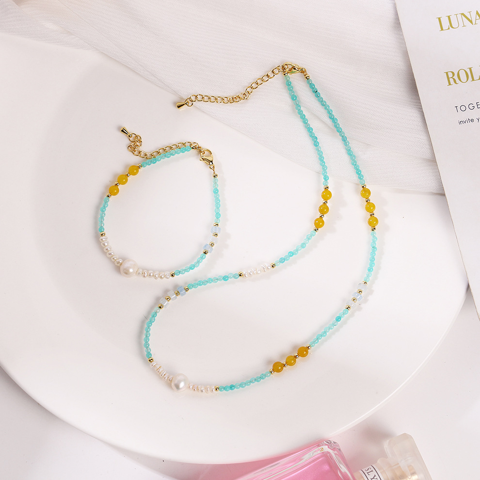 透天河黄玉蓝东陵天然珍珠项链轻奢饰品小众百搭气质复古锁骨链