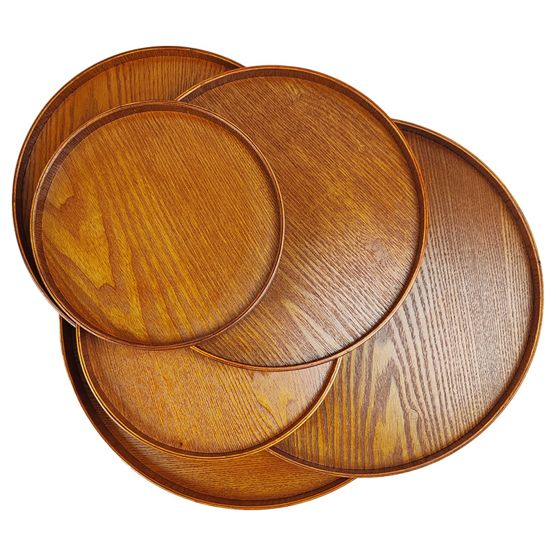批发圆形密度板茶盘日式托盘 创意酒店曲柳木盘子水果盘收纳托盘