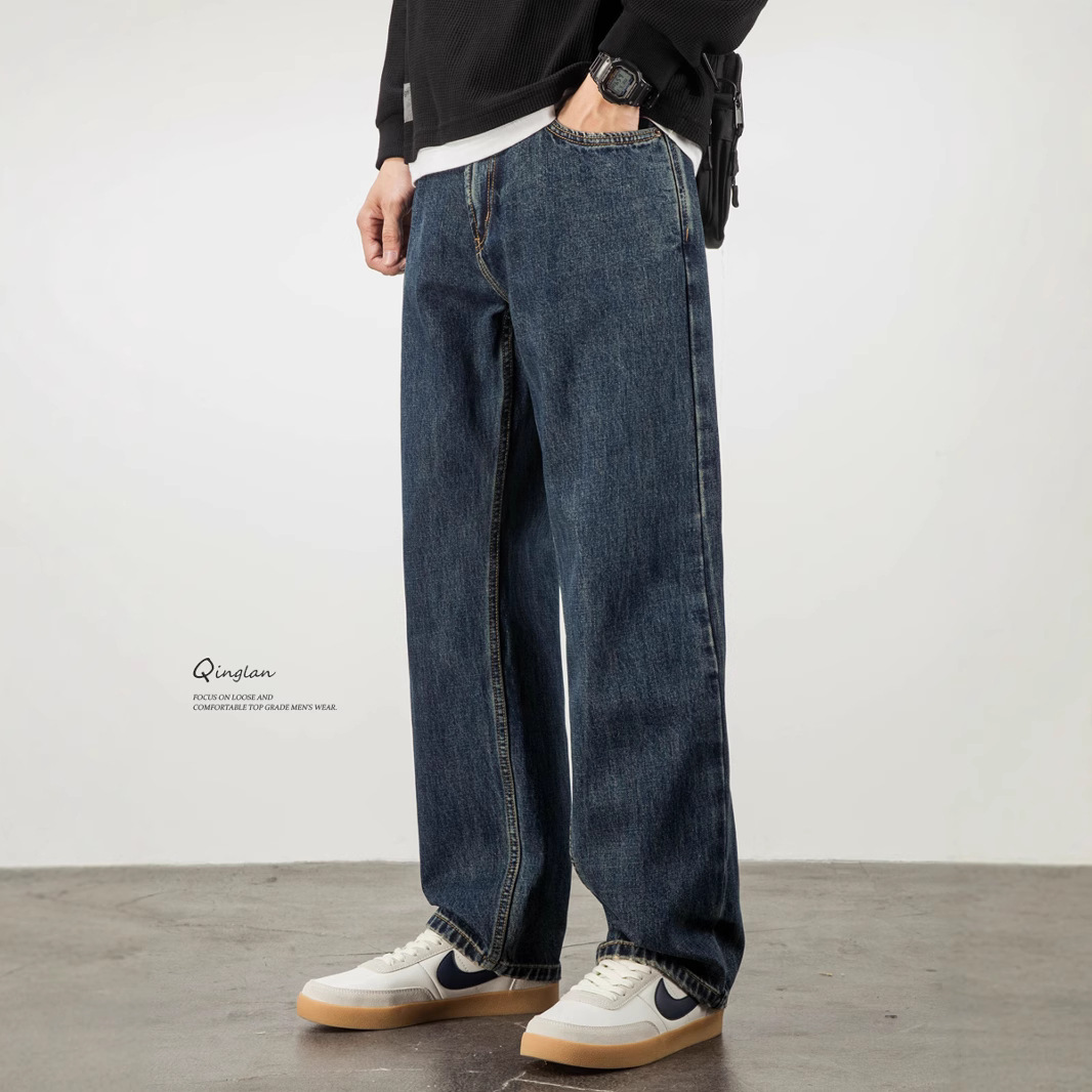 Natural-color washed jeans for men, straight-leg loose American retro, fleece and thickened pants, trendy casual spring and autumn style details Picture