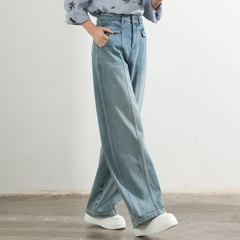 Factory direct sales of new mid-line design style jeans, retro light blue loose, slimming, drape sickle length pants