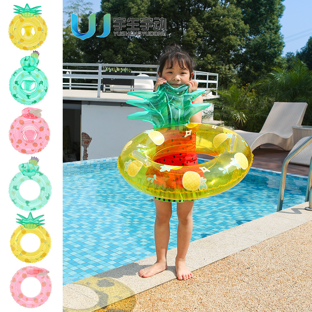 Children's fruit swimming ring, three-dimensional transparent handle, jelly-colored strawberry sitting ring, children's pineapple armpit lifebuoy