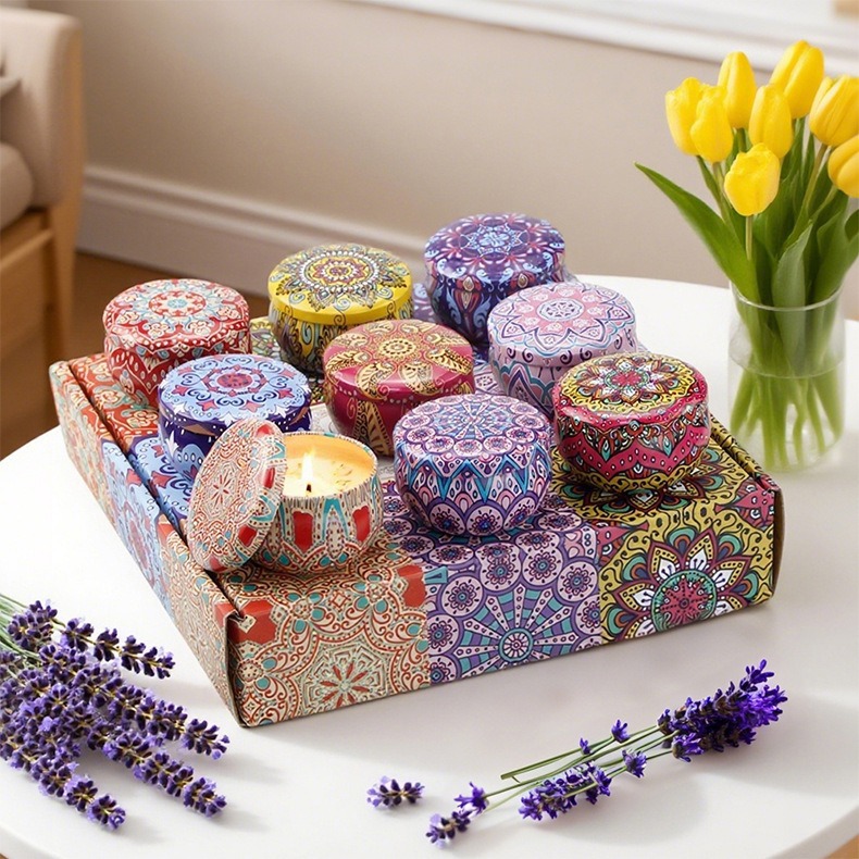 Colorful mandala pattern scented candle gift box, multiple tin cans, Valentine's Day soap flower, Teachers' Day single bouquet soap flower, Mother's Day flower gift set details Picture