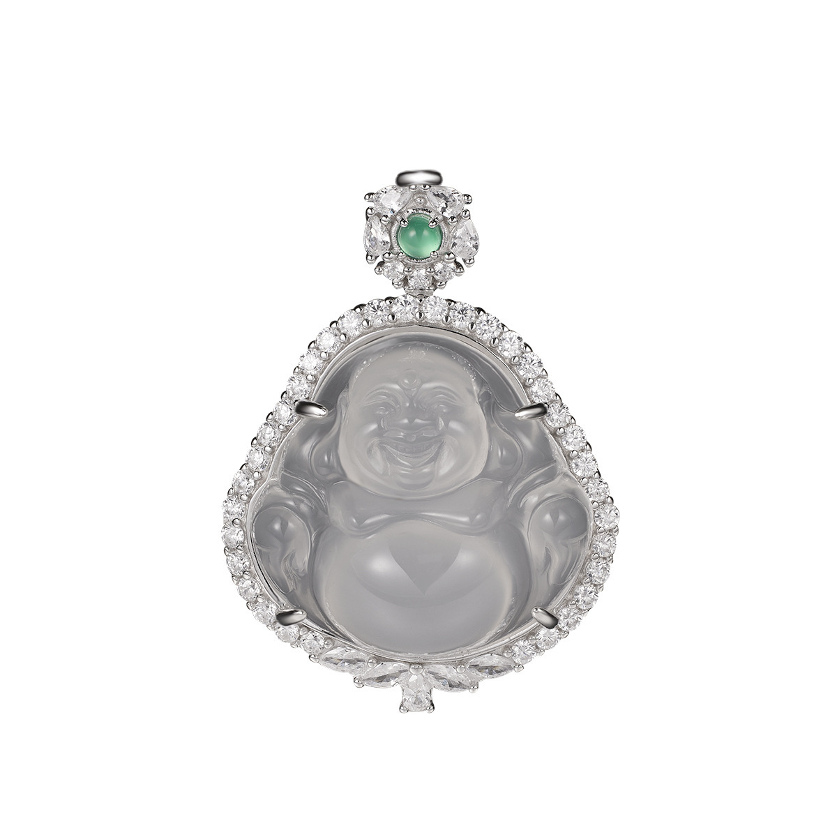 S925 Silver Chinese-style large-bellied Buddha Pendant, high ice chalcedony necklace with diamond and green chalcedony collarbone chain wholesale Item Picture