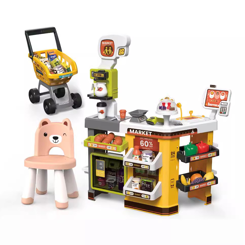 爆款儿童过家家仿真豪华收银台喷雾冰箱扫码枪购物车篮子礼物套装
