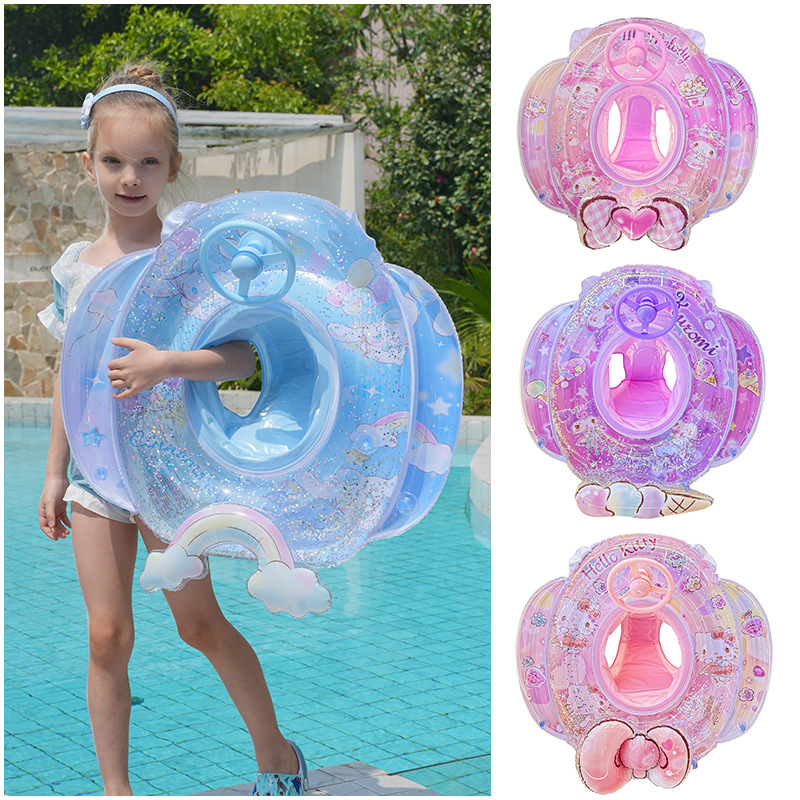 Sanrio thickened steering wheel boat children's swimming ring, anti-rollover sponge bottom seat ring, baby sunken pocket ring