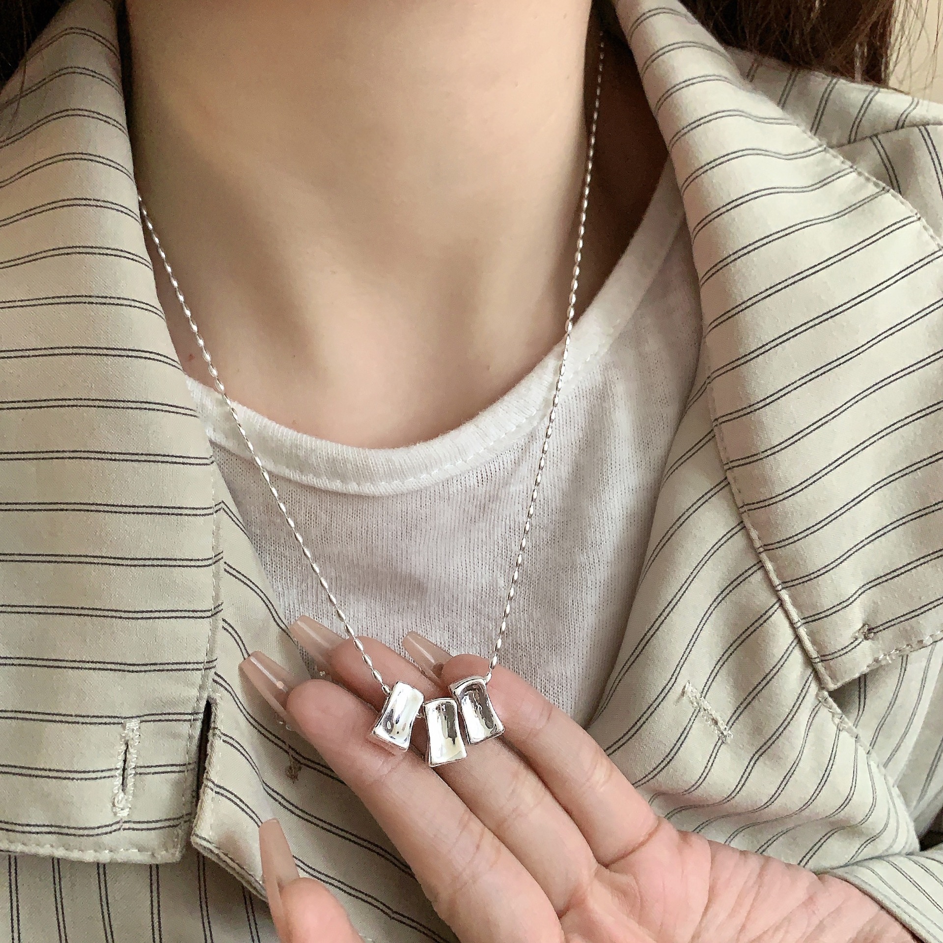 S925纯银11.17重工方块吊坠锁骨链ins小众设计感嘻哈项链冷淡风简约
