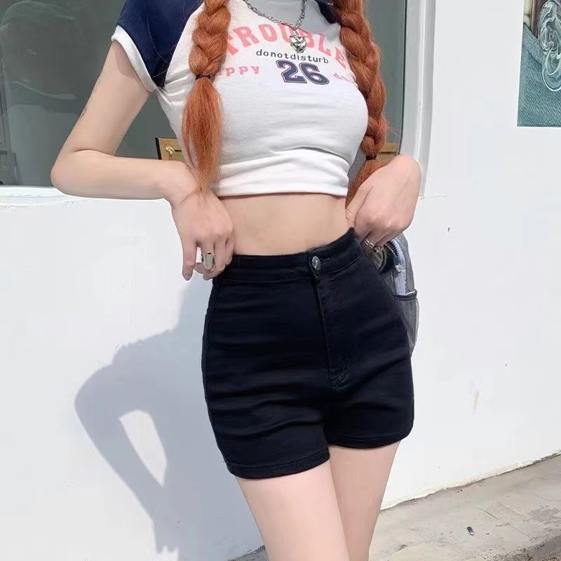 American hot girl dark y2k body-hugging black pants with riveted design, denim super short pants, women's low-waisted slimming hot pants Specification drawing