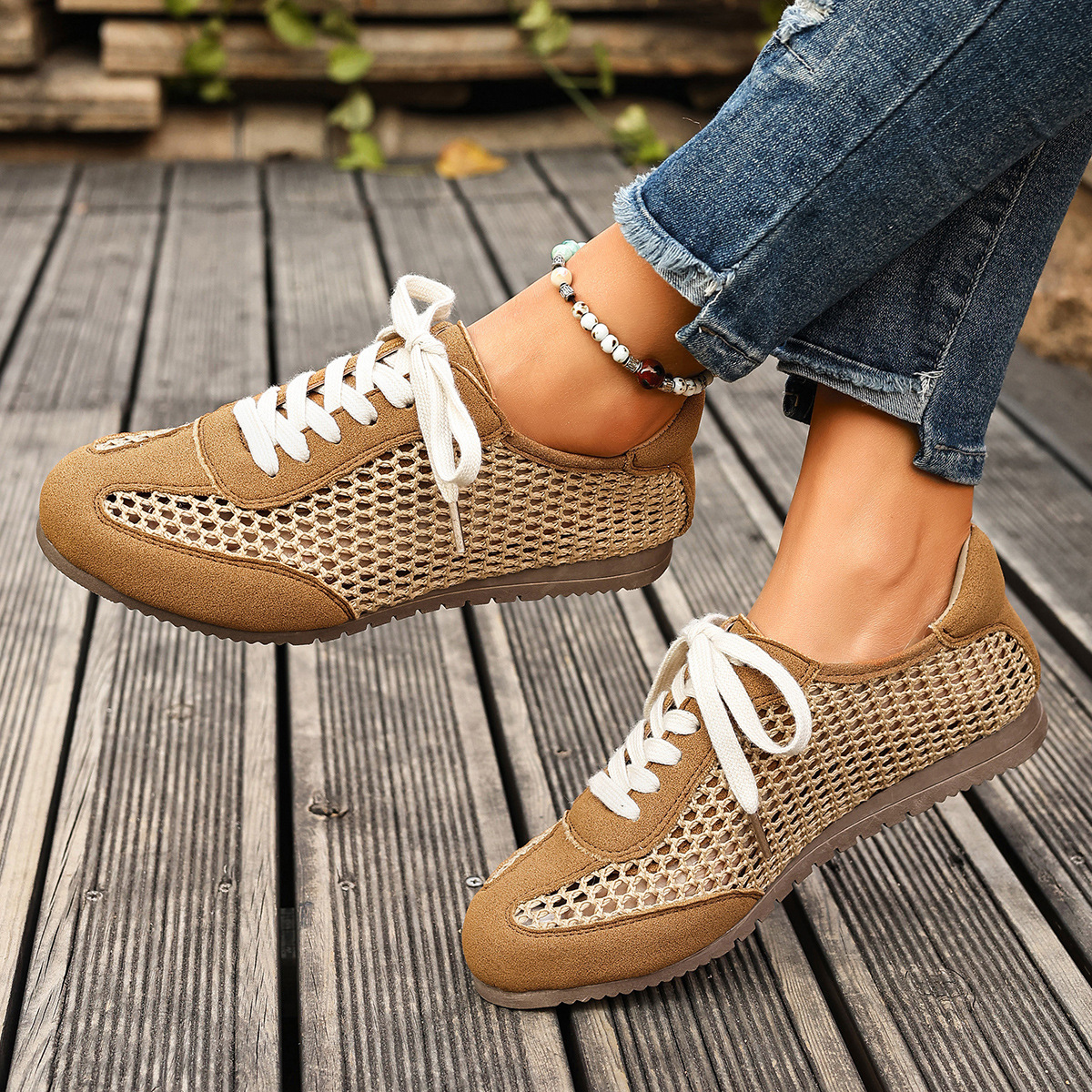 小众芭蕾德训鞋女编织网面女鞋松紧带透气运动休闲鞋欧美单鞋