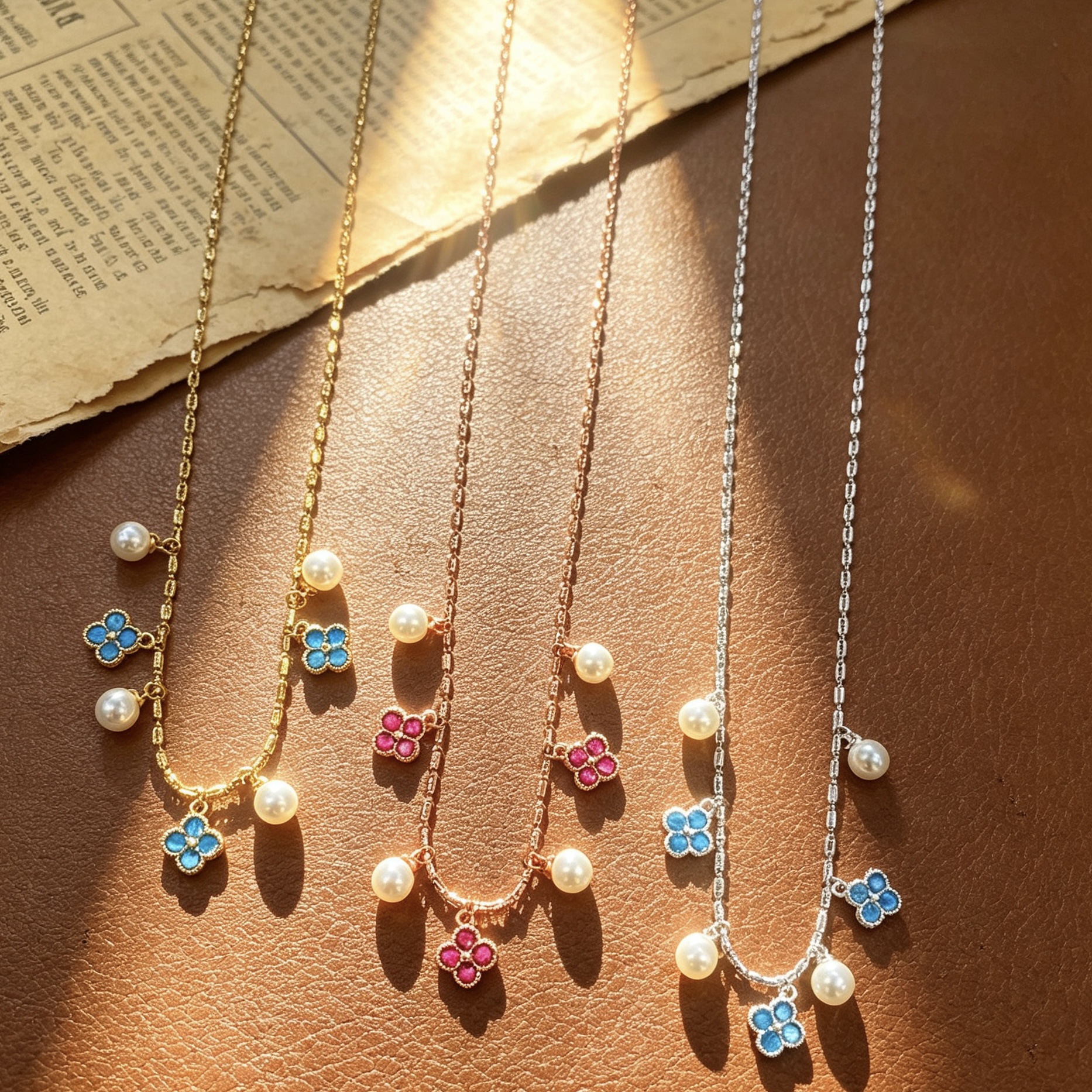 Colorful four-leaf clover pearl tassel necklace, multi-color zirconium-inlaid flower collarbone chain, light luxury and niche layered accessory wholesale