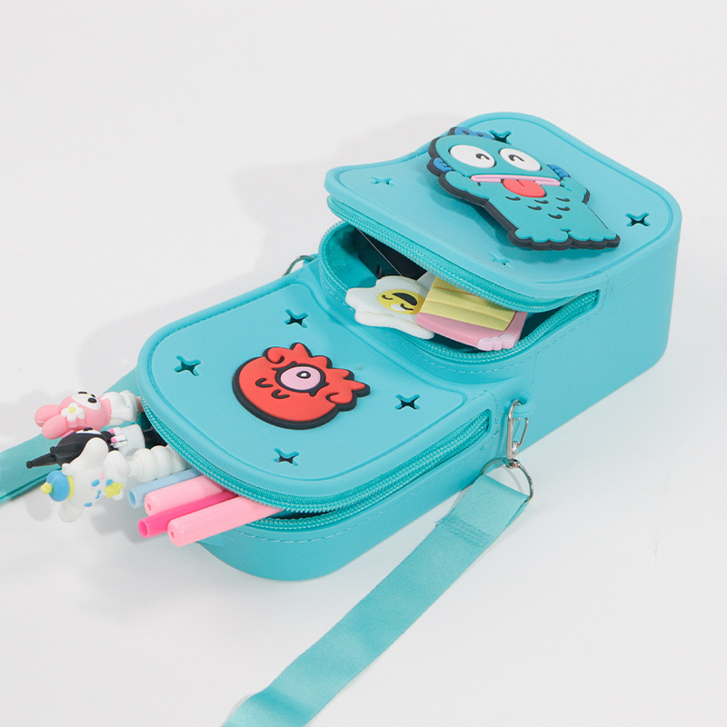 New DIY perforated silicone schoolbag and pen case, fashionable single-shoulder crossbody bag, multi-functional double-layer large-capacity stationery box details Picture