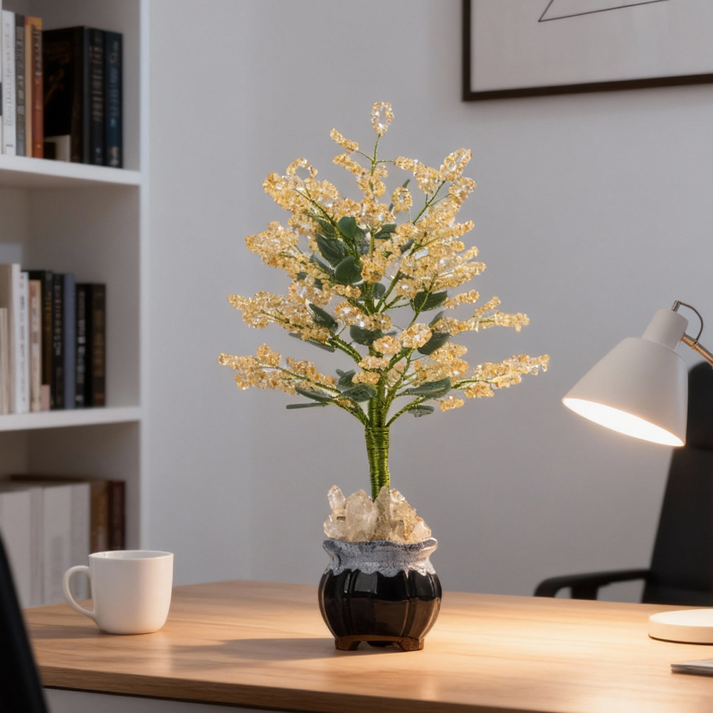 Natural crystal crushed stone yellow crystal wealth tree, ceramic bowl base, crystal tree, opening gift, office wealth attraction decoration details Picture