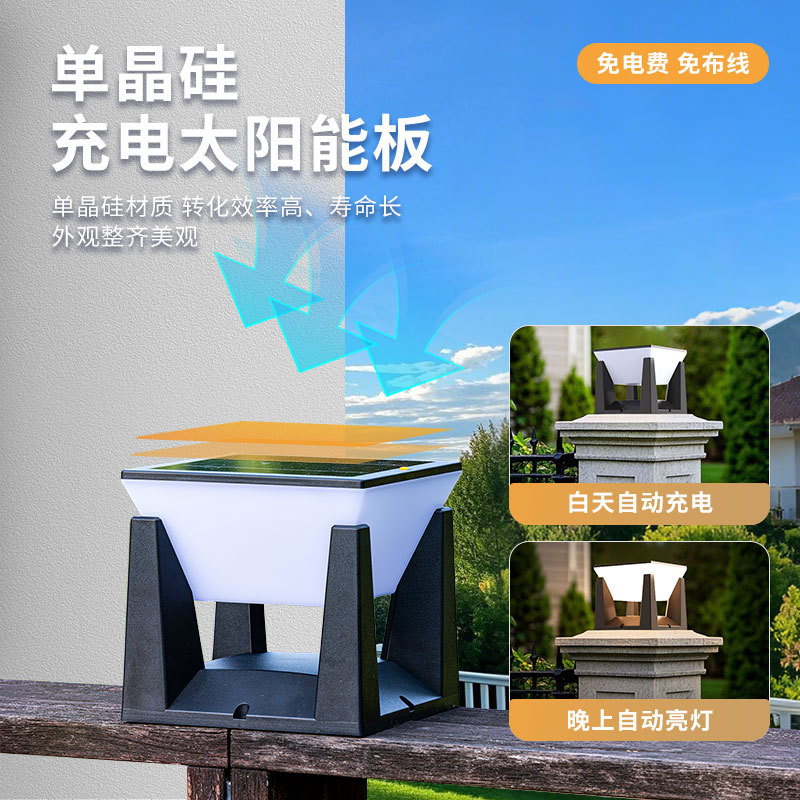 Solar outdoor garden lights, new cross-border export style, villa storefront, fence, fence, lawn, column head lights details Picture