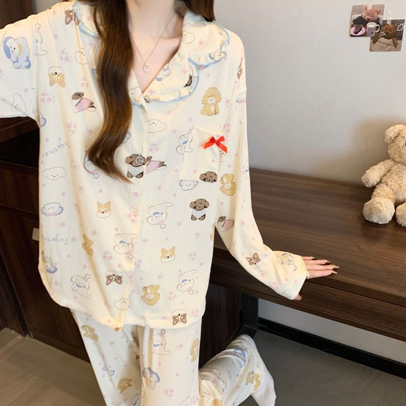 Japanese cartoon dog wrinkled fabric pajamas for women 2025 Spring/Autumn long-sleeved new sweet and cute home wear set Specification image