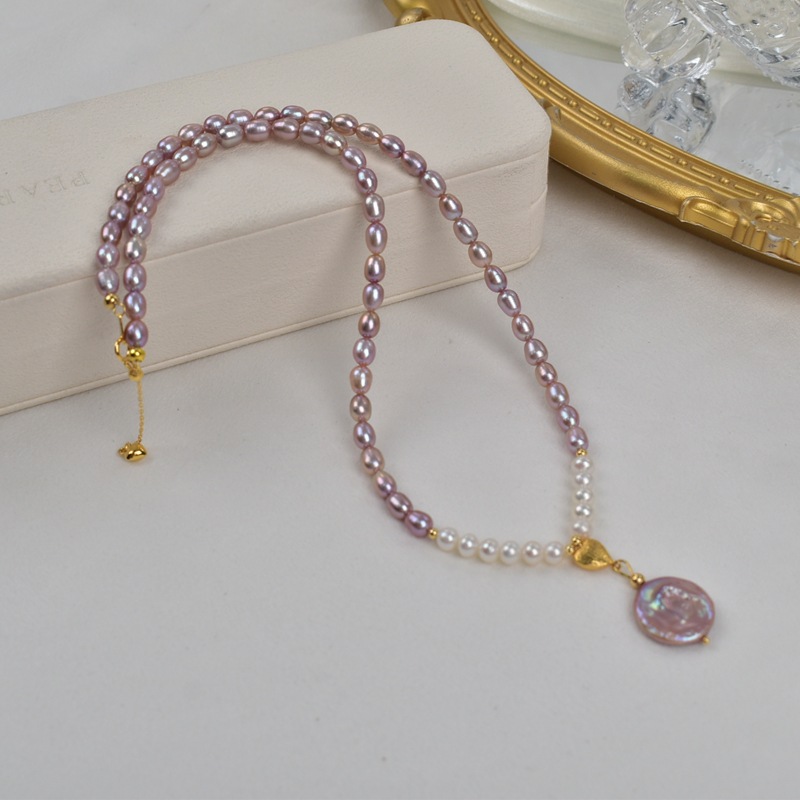 Natural freshwater pearl necklace, purple rice pearl tie pendant, elegant and stylish necklace, high-end and elegant pearl jewelry