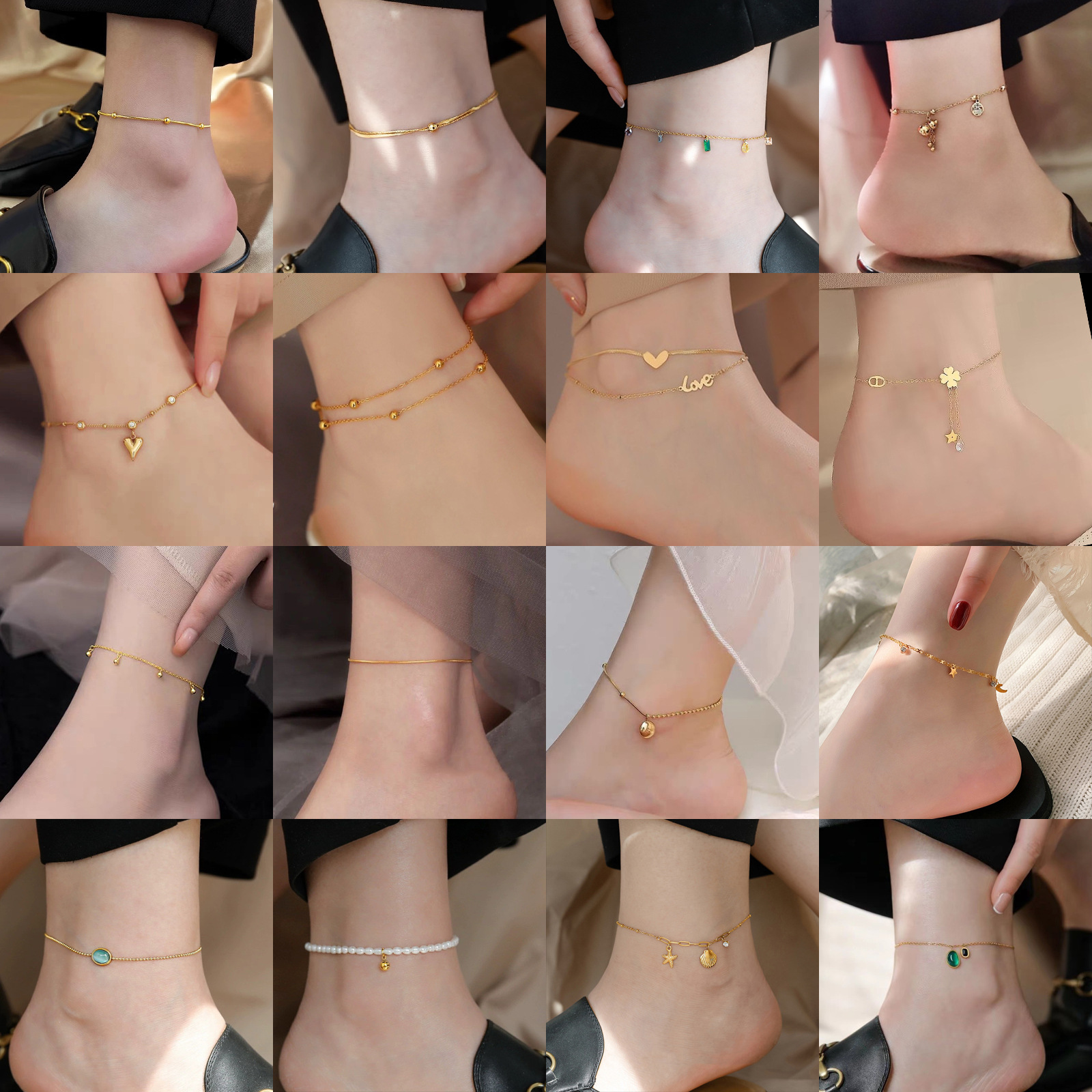 潮双面钛钢双层爱心脚链女镀18K金色新款百搭不掉色时尚轻奢足链