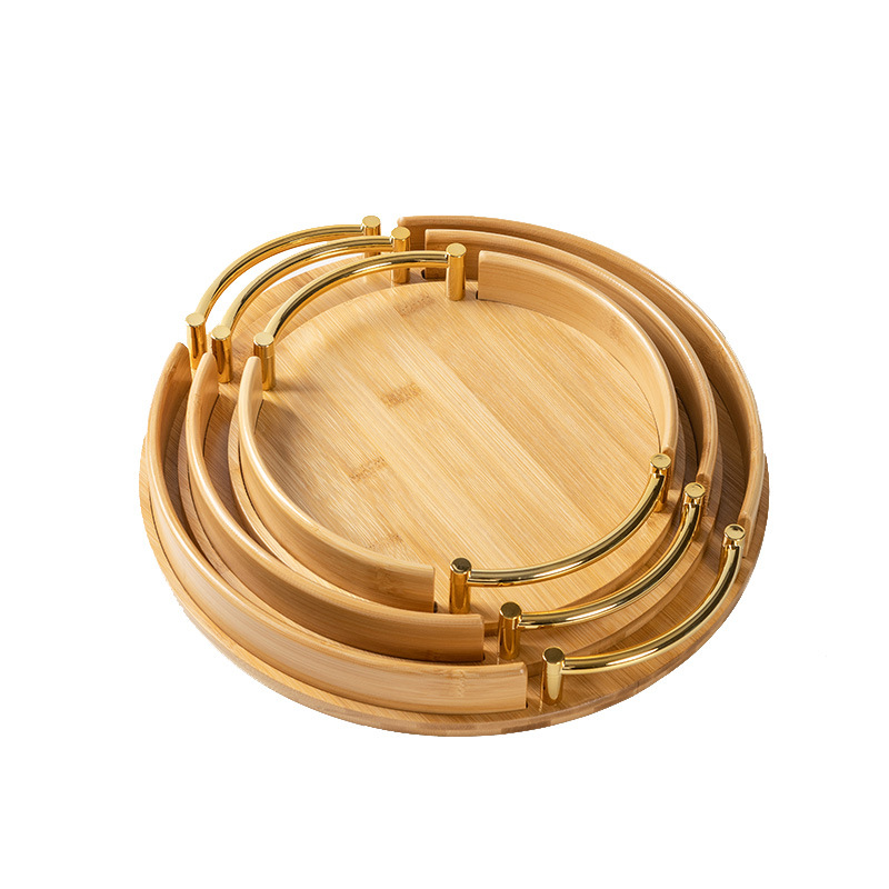 Simple bamboo round tray, household and restaurant tea set, small tray, pastry plate, handle fruit plate, wholesale tea plate Item Picture