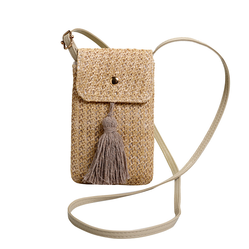 Cross-Border Straw Woven Bag, Straw Woven Bag For Women, Mini Niche Mobile Phone Bucket Bag, Beach Vacation, Beach Woven Crossbody Small Bag, Handmade Straw Woven Bag Item Picture