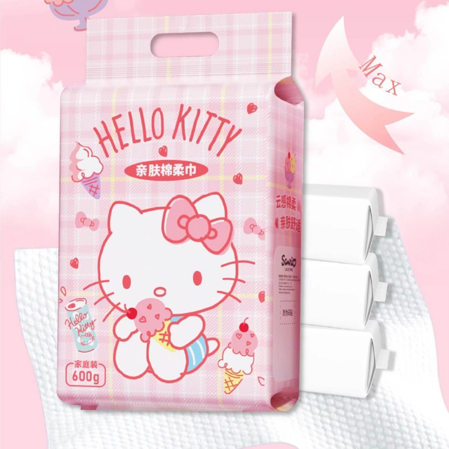 三丽鸥KT猫家用版悬挂抽取式600克珍珠纹棉柔干湿两用洗脸巾纯棉细节图