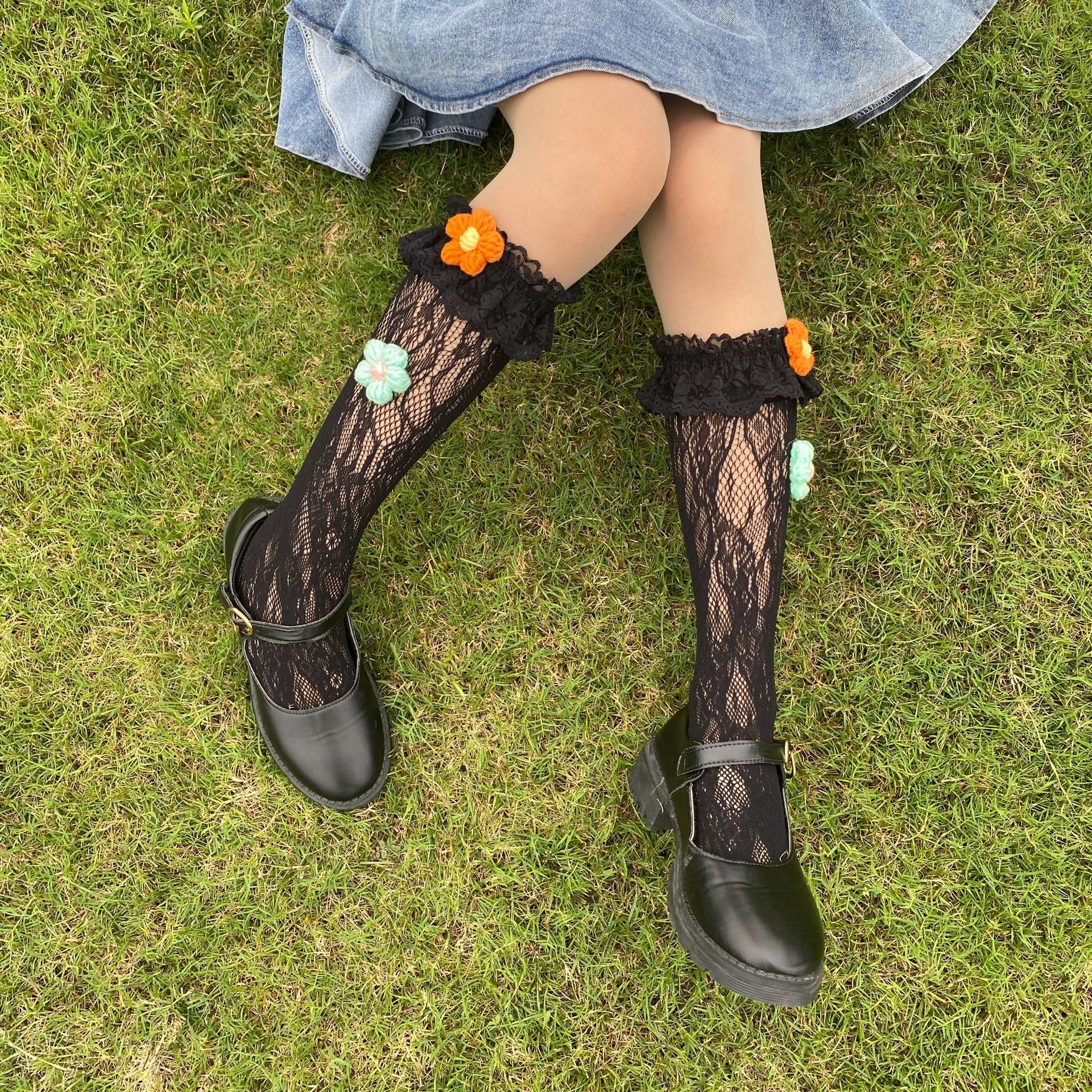 Lolita children's calf socks, girls' lace lace colorful flower short socks, girls' thigh-high socks for spring and summer details Picture