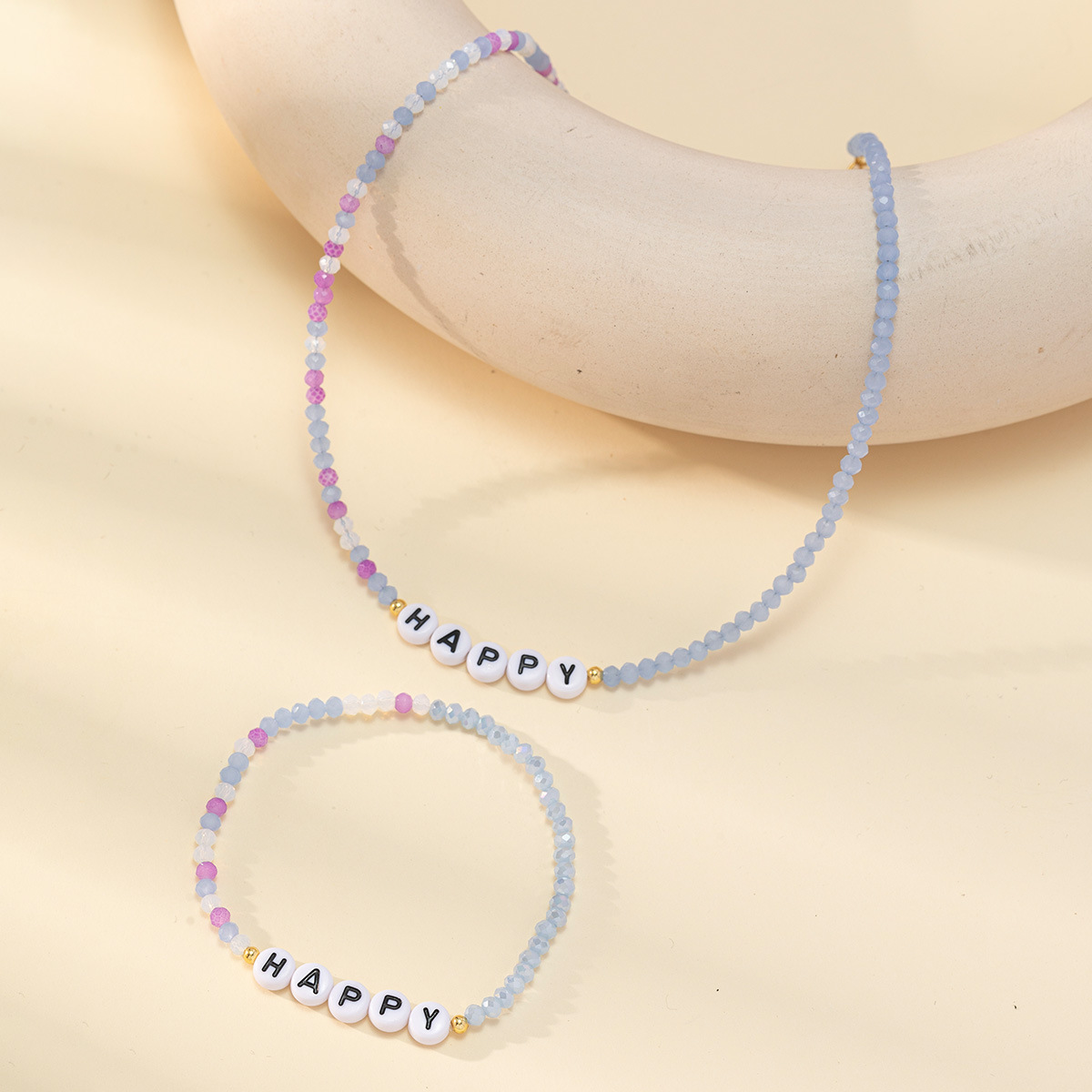 European and American cross-border jewelry crystal English letter beaded necklace bracelet, simple and fashionable handcrafted collarbone chain bracelet Specification image