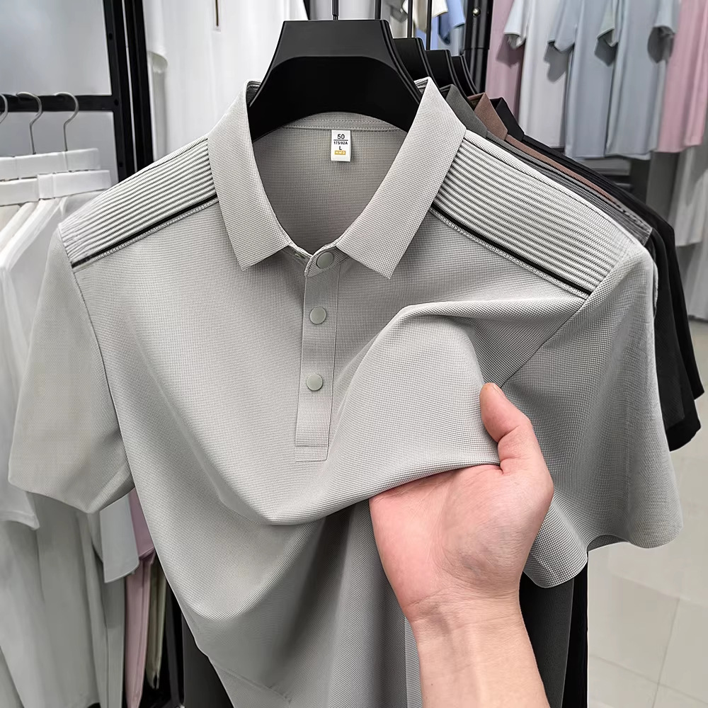2026 Summer high-quality new short-sleeved T-shirt men's Ice Silk Traceless Dad outfit Casual and versatile half-sleeved POLO shirt