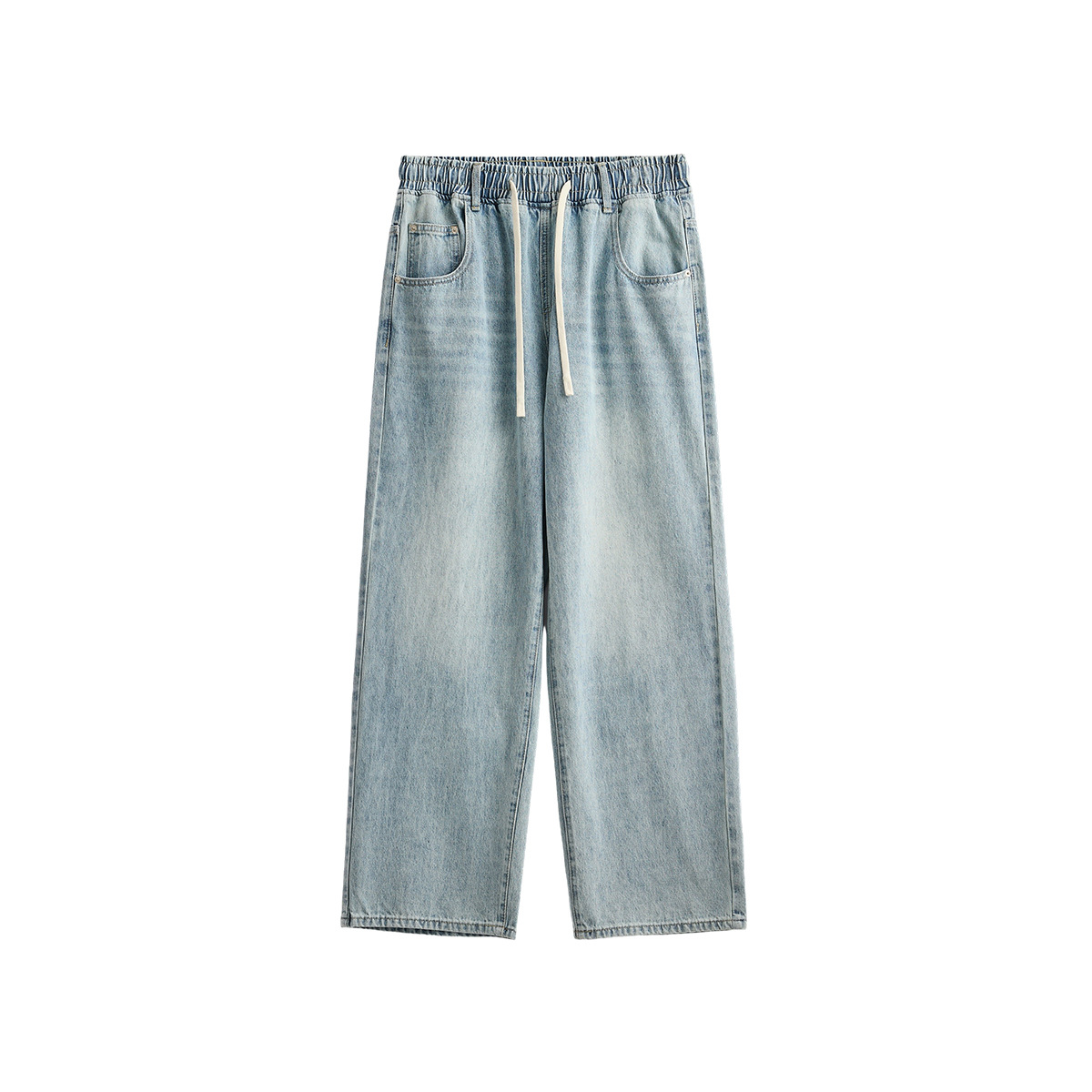 APO Men's Wear: American retro distressed washed jeans for men, summer loose straight-leg trendy and versatile lace-up trousers Item Picture