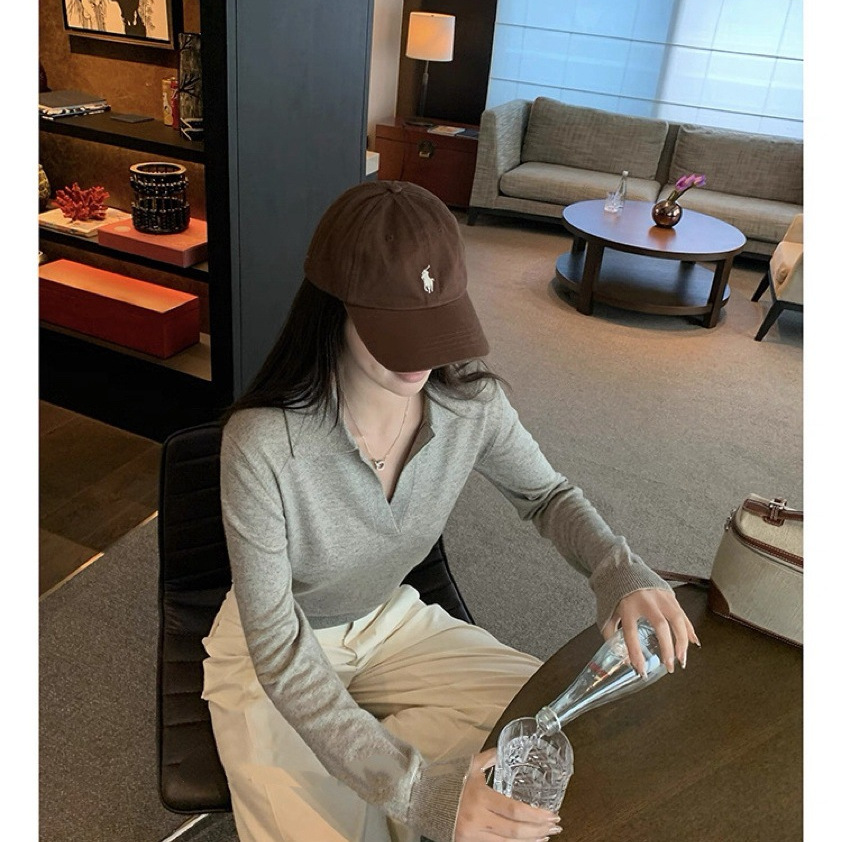 Lin12-高智淡人毛衣老钱风Polo领针织衫女慵懒休闲V领长袖上衣白底实物图