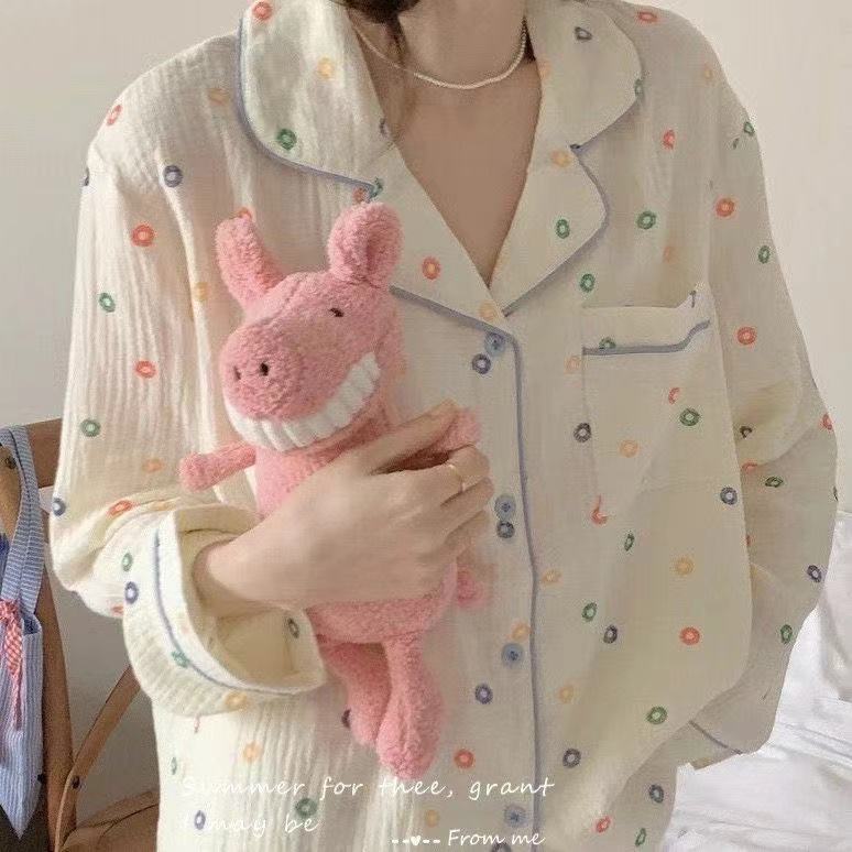 Instagram's new popular cartoon bear live-streaming pajamas for women's spring and summer, long-sleeved and long pants with bubble wrinkles, loose home wear Specification image