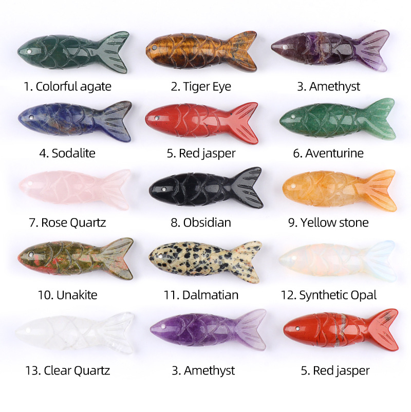 跨境新品天然水晶半宝石雕刻立体小鱼吊坠虎眼石鱼形吊坠源头厂家细节图