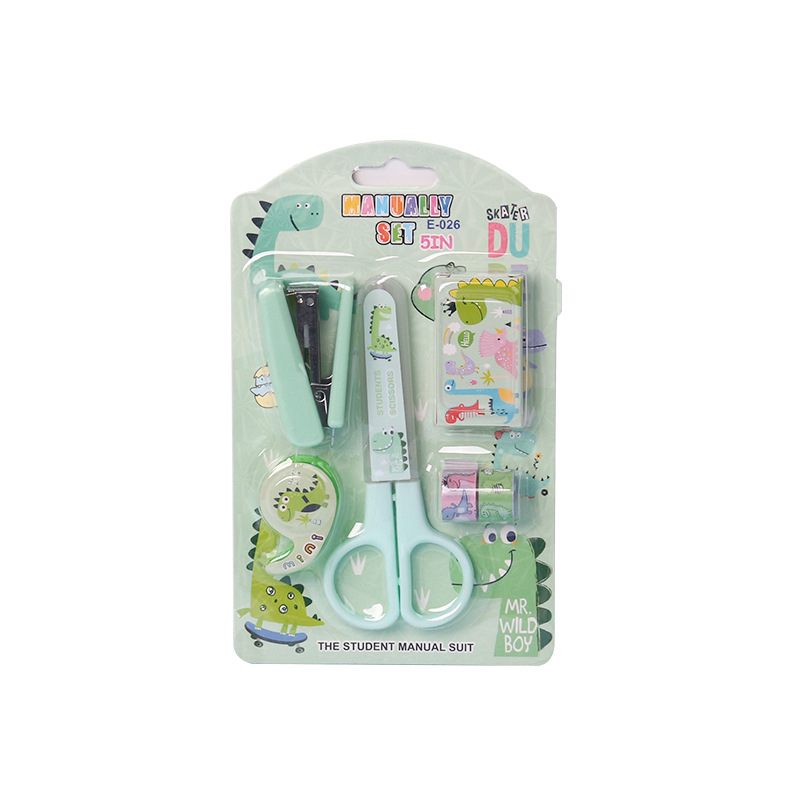 Cartoon stapler stationery set, scissors, tape holder, stapler needle, candy color, high appearance level stapler set combination Item Picture