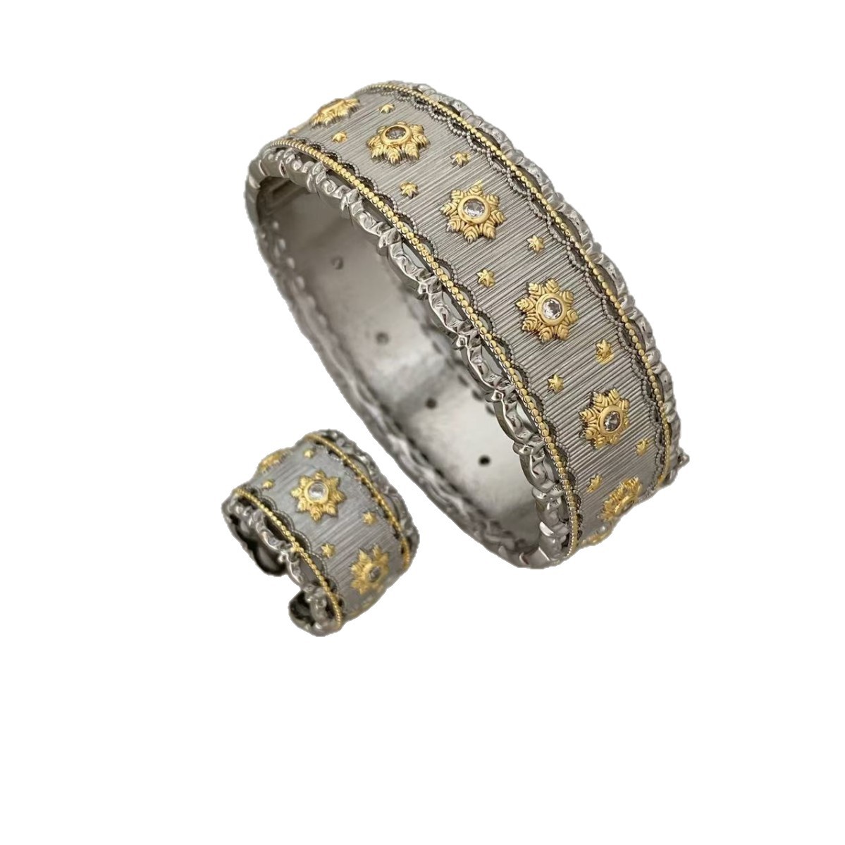 Medieval court-style brushed craftsmanship, high-end vintage cloche ring bracelet, fashionable, exquisite and trendy set Item Picture