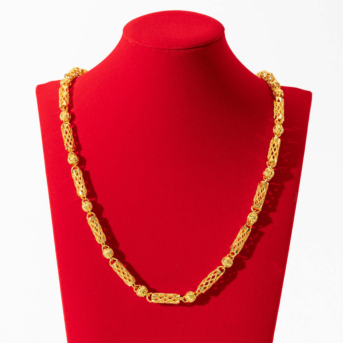 Cross-border men's style: Men's hollowed-out carved grid cylinder with frosted round beads necklace, fashionable and high-end, versatile wholesale