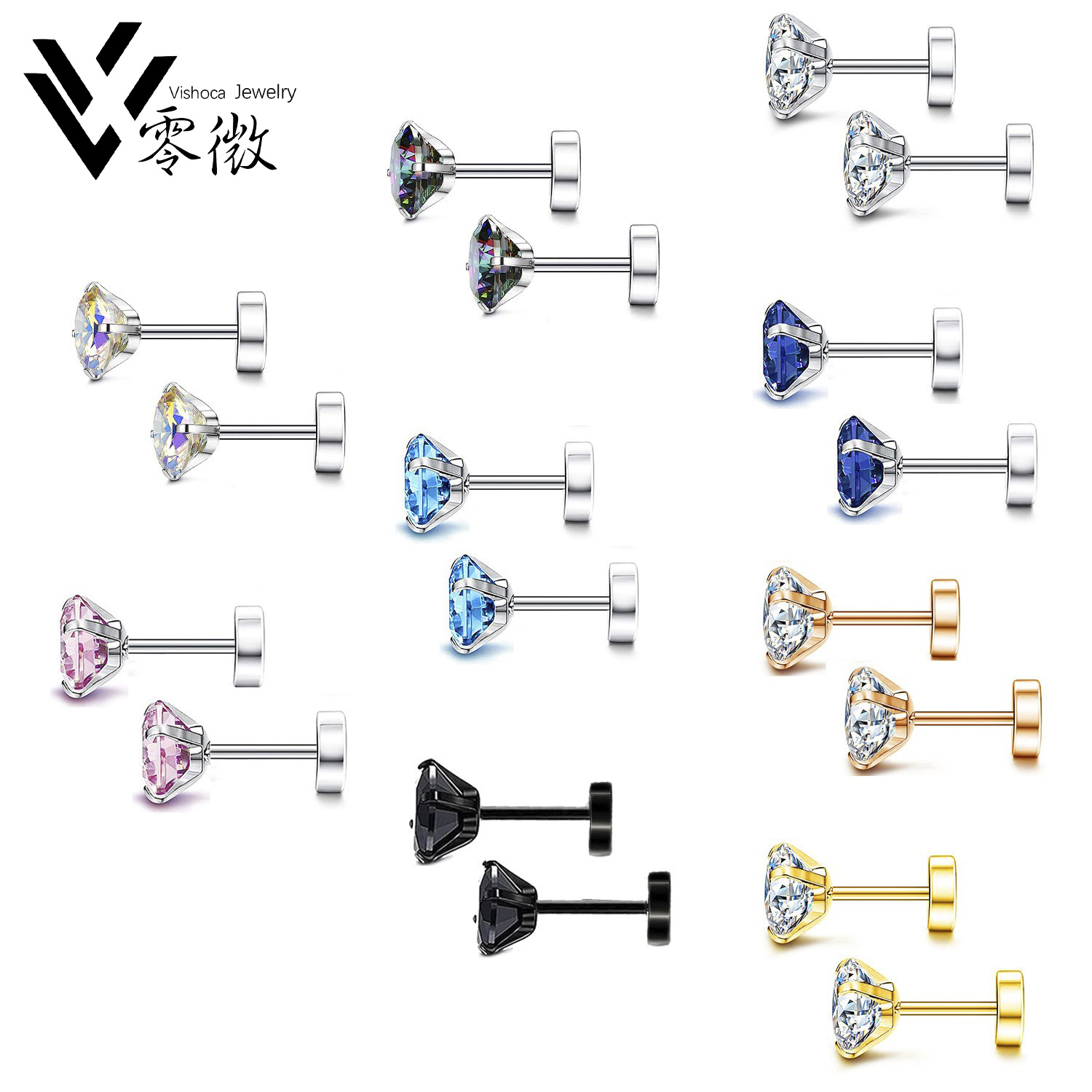 Cross-border titanium steel flat-bottom zircon ear studs, round ear bone studs, cochlear studs, zircon ear studs with external threads, versatile and high-end