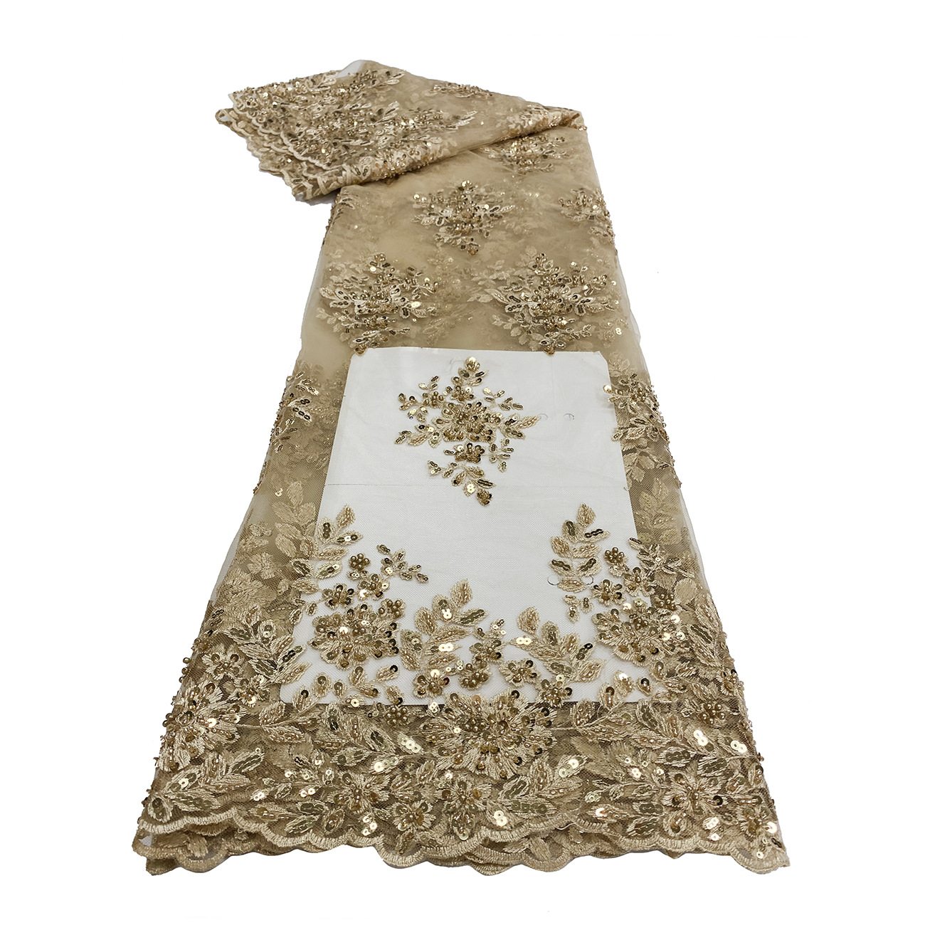 Factory stock of golden bead, bubble bead, sequin, scattered flower, multi-color symmetrical embroidered skirt, lace and mesh fabric Item Picture