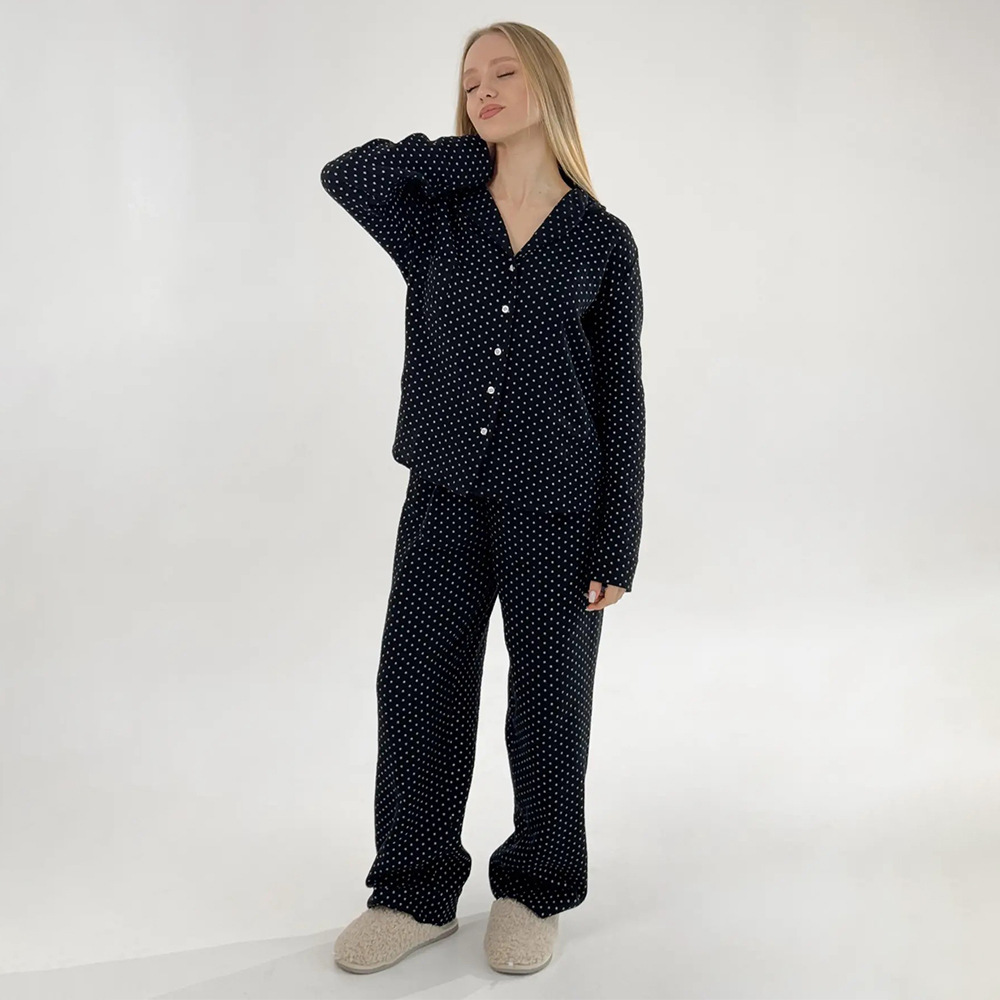 Cross-border pure cotton polka dot long pants pajamas set, European and American 2025 autumn new cardigan pajamas casual home wear for women Specification image