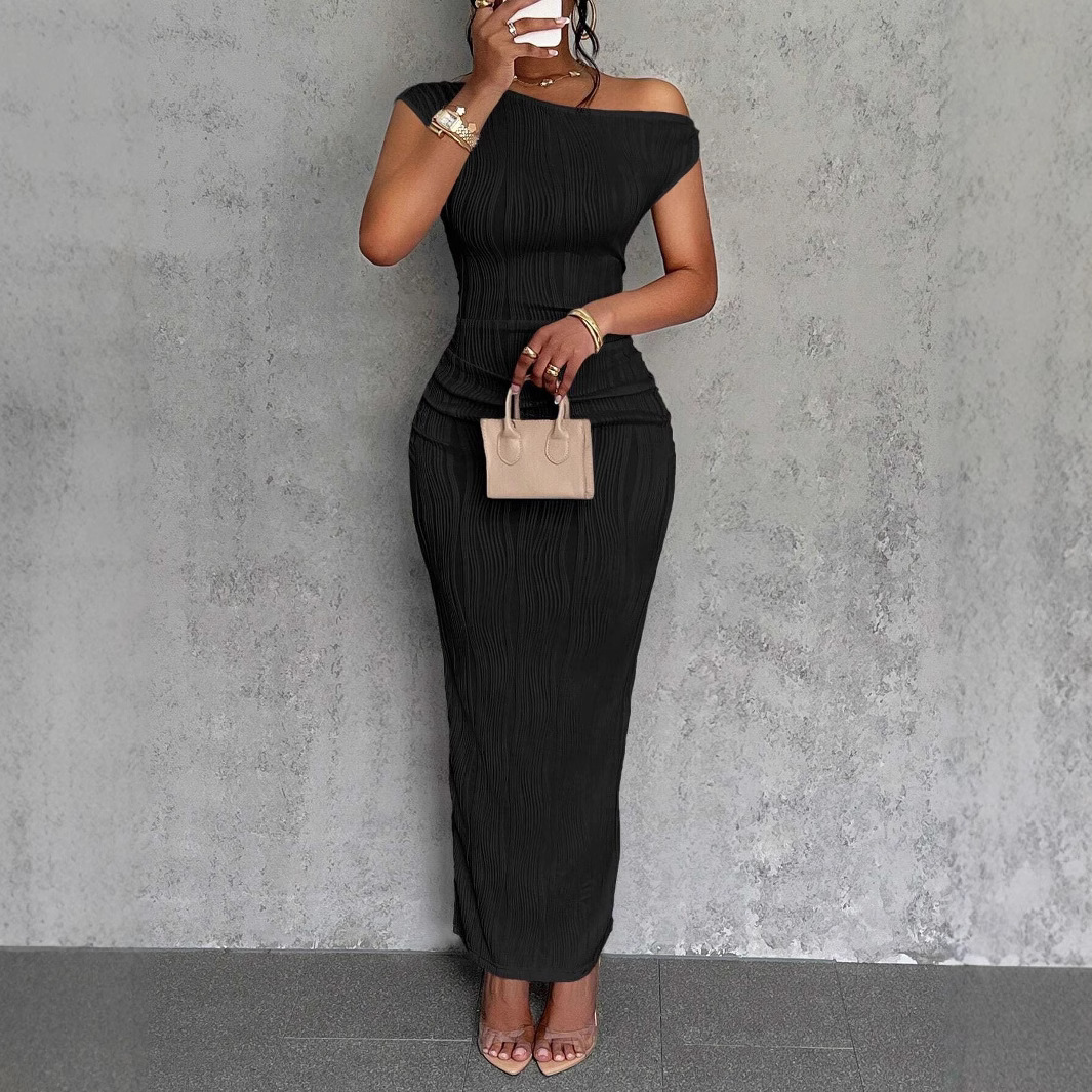The new cross-border cute and fashionable water ripple off-the-shoulder dress for Amazon's independent store in 2025 is in stock full figure