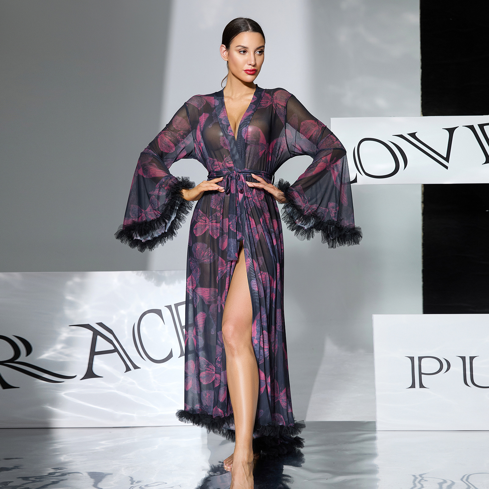 European and American large flared sleeve butterfly print mesh bathrobe, tie tassel, fringed high slit bathrobe, home wear 1119 details Picture