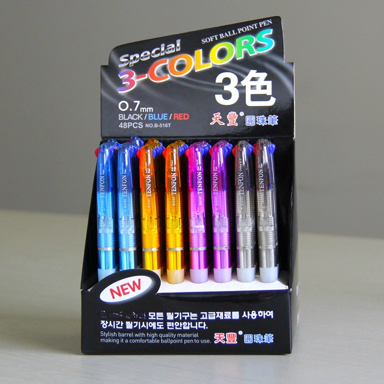 tenfon 516T Three-color Press Plastic Ballpoint Pen 0.7 Office Transparent multi-color Ballpoint pen, 48 pieces per box3-Color Ballpoint Pen Set - 48pcs, 0.7mm, Black/Blue/Red full figure